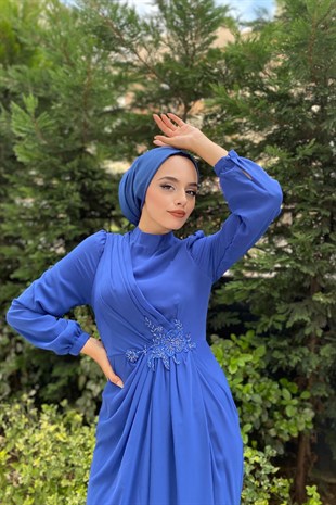 Beli İşlemeli Şifon Abiye İndigo