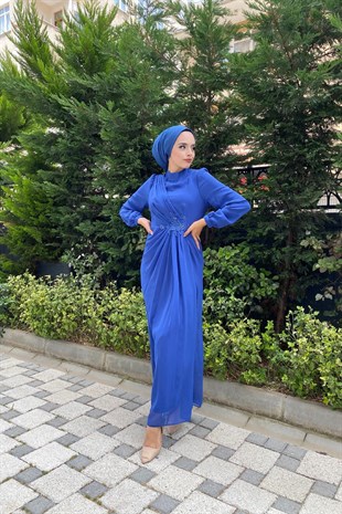 Beli İşlemeli Şifon Abiye İndigo