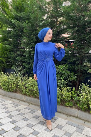 Beli İşlemeli Şifon Abiye İndigo
