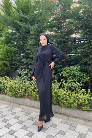 Beli İşlemeli Şifon Abiye Siyah
