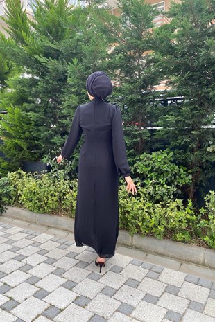 Beli İşlemeli Şifon Abiye Siyah