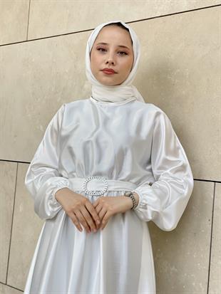 Beli Lastikli Kemerli Saten Abiye Beyaz