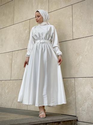 Beli Lastikli Kemerli Saten Abiye Beyaz