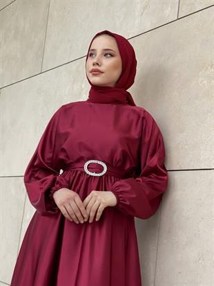 Beli Lastikli Kemerli Saten Abiye Bordo
