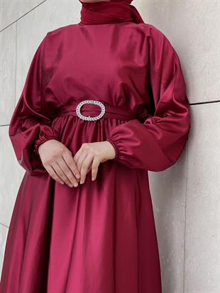 Beli Lastikli Kemerli Saten Abiye Bordo