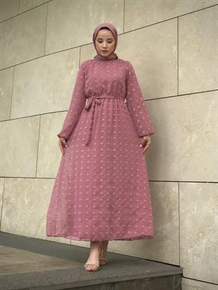 Beli Lastikli Kuşaklı Nova Elbise Pudra