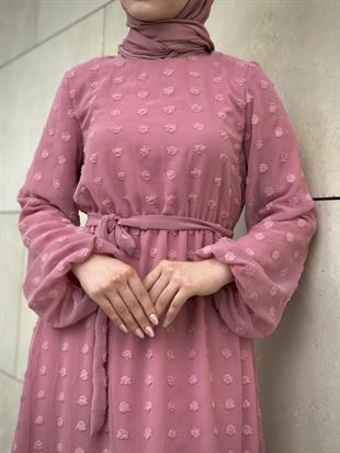 Beli Lastikli Kuşaklı Nova Elbise Pudra