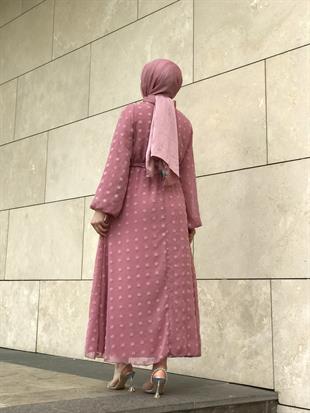 Beli Lastikli Kuşaklı Nova Elbise Pudra