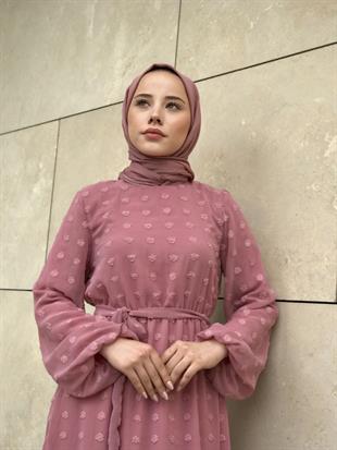 Beli Lastikli Kuşaklı Nova Elbise Pudra