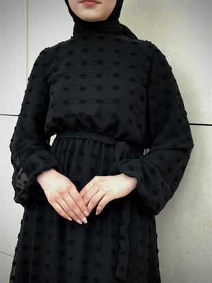 Beli Lastikli Kuşaklı Nova Elbise Siyah