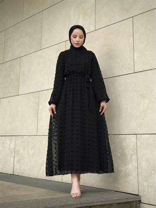 Beli Lastikli Kuşaklı Nova Elbise Siyah