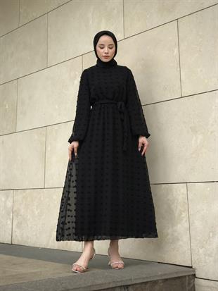 Beli Lastikli Kuşaklı Nova Elbise Siyah