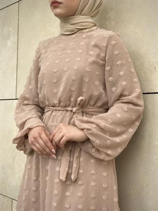 Beli Lastikli Kuşaklı Nova Elbise SütlüKahve