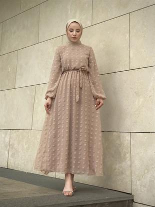 Beli Lastikli Kuşaklı Nova Elbise SütlüKahve