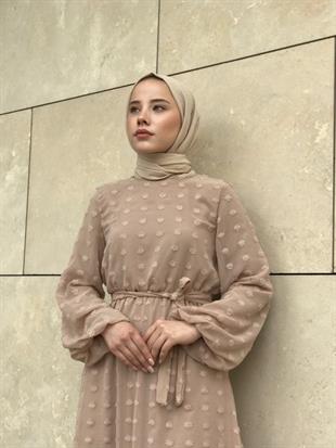 Beli Lastikli Kuşaklı Nova Elbise SütlüKahve