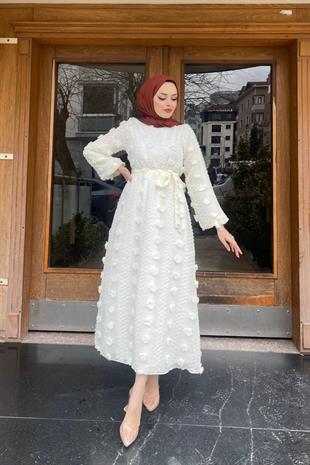 Beli Lastikli Ponpon Elbise Beyaz
