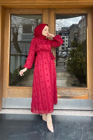 Beli Lastikli Ponpon Elbise Bordo