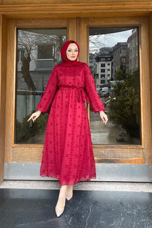 Beli Lastikli Ponpon Elbise Bordo