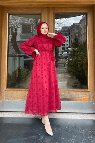 Beli Lastikli Ponpon Elbise Bordo