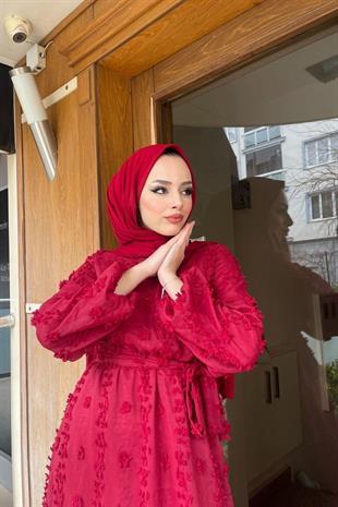 Beli Lastikli Ponpon Elbise Bordo