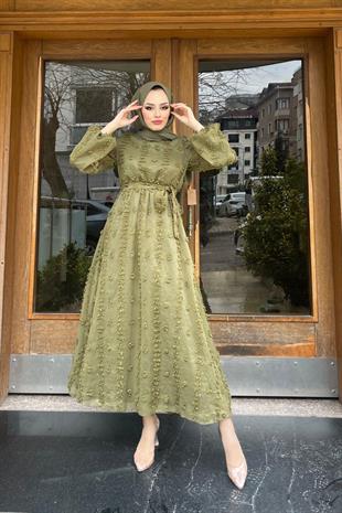 Beli Lastikli Ponpon Elbise Haki