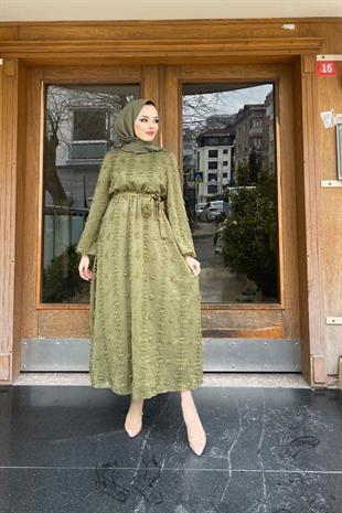 Beli Lastikli Ponpon Elbise Haki