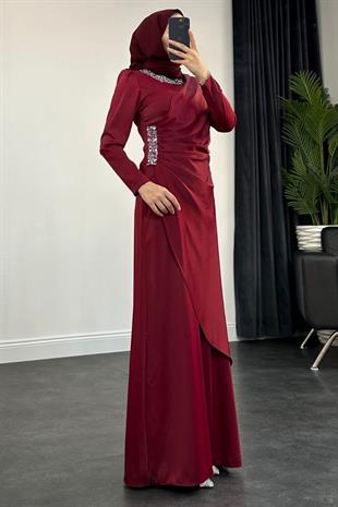 Beli Ve Boynu İşlemeli Saten Abiye Bordo