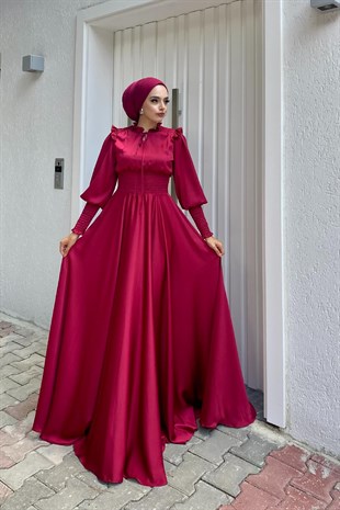 Beli ve Kolu Lastikli Saten Abiye Bordo