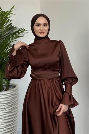 Belina Çapraz Kolları Fırfır Abiye Kahverengi