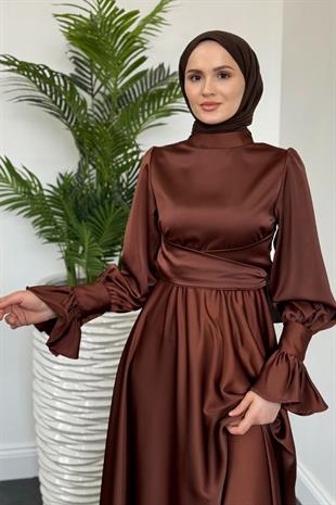 Belina Çapraz Kolları Fırfır Abiye Kahverengi