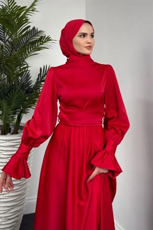 Belina Çapraz Kolları Fırfır Abiye Kırmızı