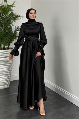 Belina Çapraz Kolları Fırfır Abiye Siyah