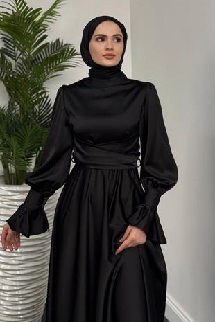 Belina Çapraz Kolları Fırfır Abiye Siyah