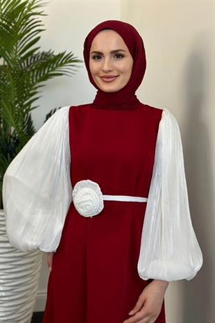 Belladia Gül Tokalı Elbise Kırmızı