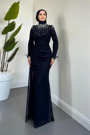 Belle Lune Taşlı Balık Abiye Lacivert