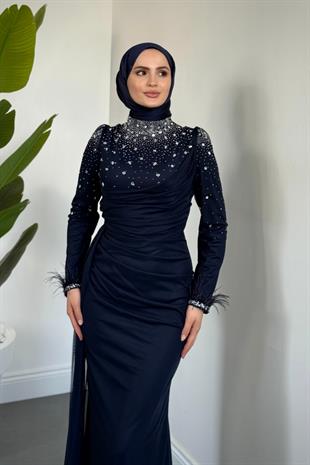 Belle Lune Taşlı Balık Abiye Lacivert