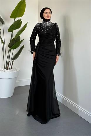 Belle Lune Taşlı Balık Abiye Siyah