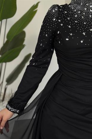 Belle Lune Taşlı Balık Abiye Siyah