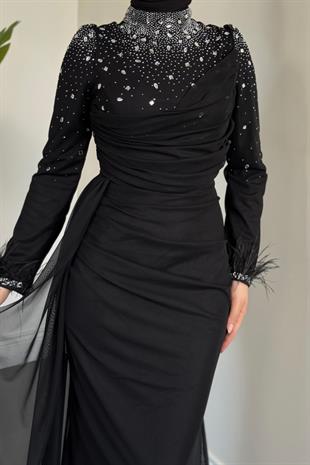 Belle Lune Taşlı Balık Abiye Siyah