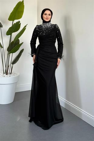 Belle Lune Taşlı Balık Abiye Siyah