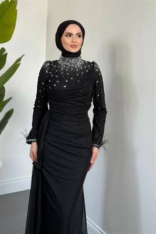 Belle Lune Taşlı Balık Abiye Siyah