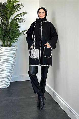 Biana Atkılı Düğmeli Kaşe Kaban Siyah