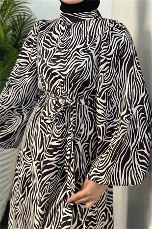 Billy Zebra Desen Balon Kol Elbise Siyah