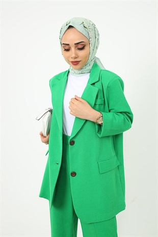 Blazer Ceketli Keten Pantolonlu Takım Yeşil