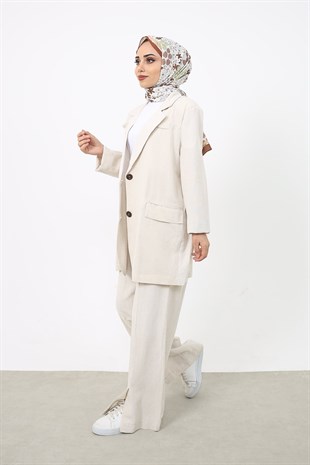 Blazer Ceketli Keten Pantolonlu Takım Bej