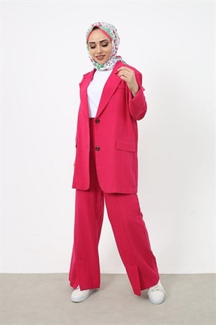 Blazer Ceketli Keten Pantolonlu Takım Fuşya