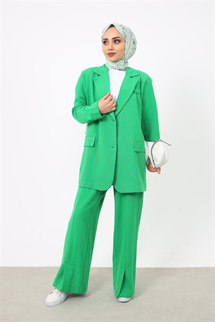 Blazer Ceketli Keten Pantolonlu Takım Yeşil