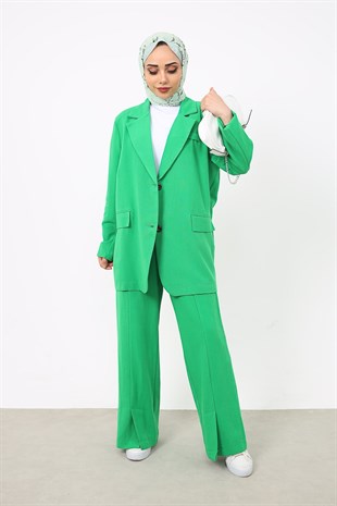Blazer Ceketli Keten Pantolonlu Takım Yeşil