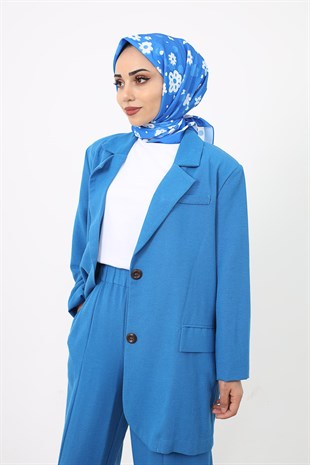 Blazer Ceketli Keten Pantolonlu Takım Saks