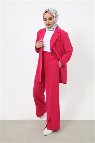 Blazer Ceketli Keten Pantolonlu Takım Fuşya